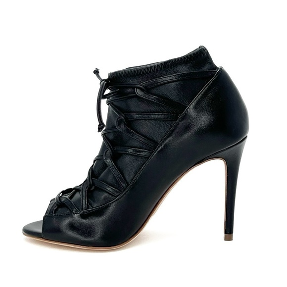 Elie Tahari Orin Heeled Booties Size 6.5 Black Leather Peep Toe Laced EUC - Picture 5 of 13